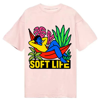 Person relaxing in hammock with plants - "soft life" aesthetic, peaceful living - Classic T-shirt - Pink