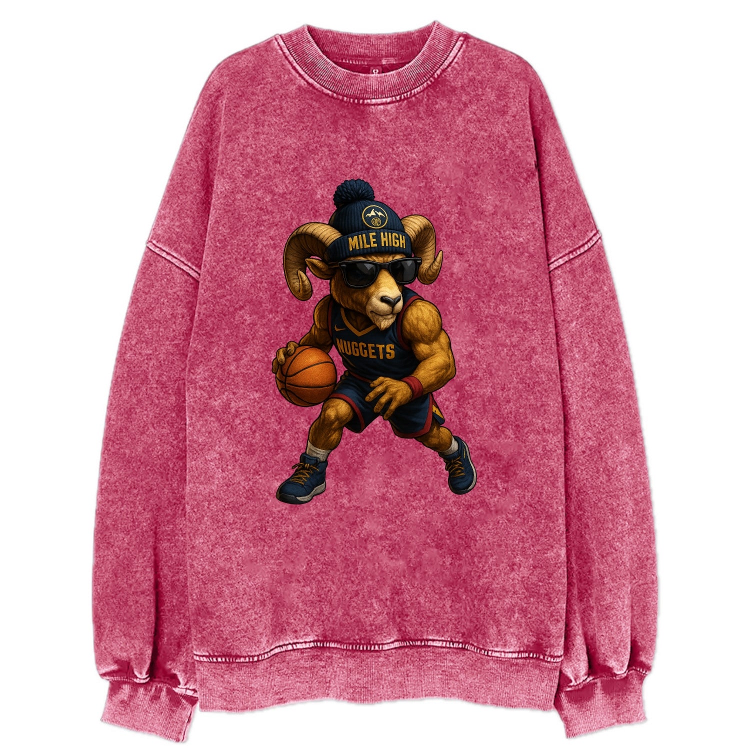 Mile High Bighorn wearing Nuggets beanie with mountain patch and wayfarer - Vintage Sweatshirt - Pink
