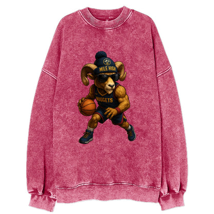 Mile High Bighorn wearing Nuggets beanie with mountain patch and wayfarer - Vintage Sweatshirt - Pink