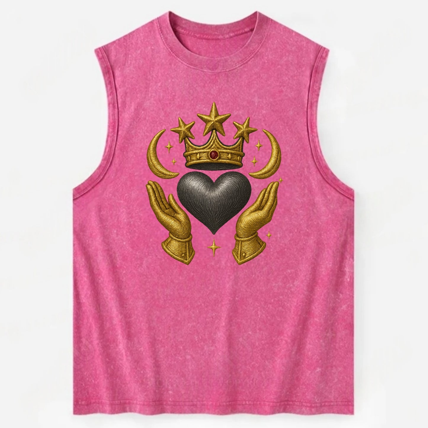 Sun goddess crown radiating golden rays over a midnight heart with - Vintage Washed Tank - Pink