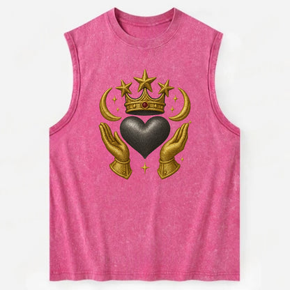 Sun goddess crown radiating golden rays over a midnight heart with - Vintage Washed Tank - Pink