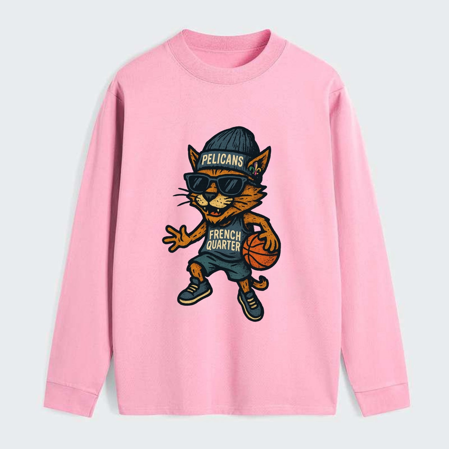 French Quarter Cat wearing Pelicans beanie with Mardi Gras patch and - Classic Long Sleeve Shirt - Pink