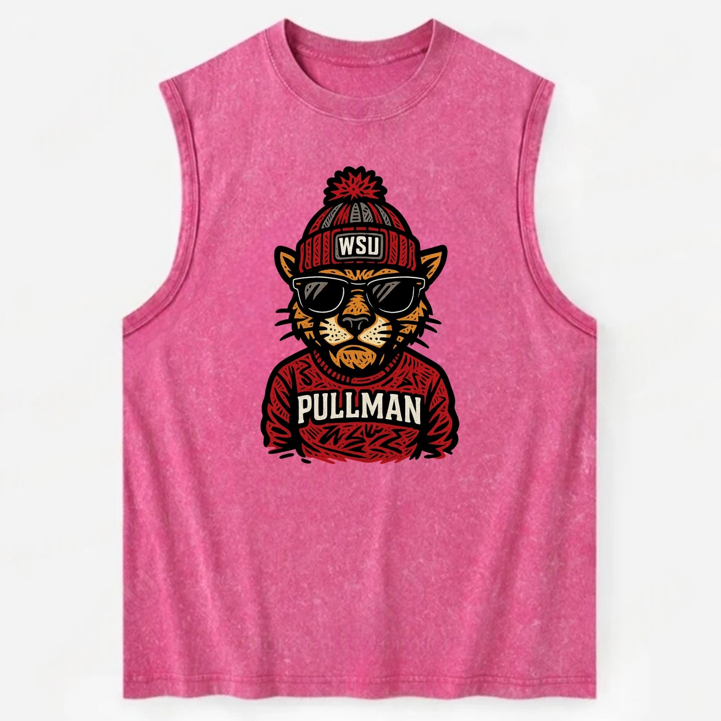 Pullman Cougar wearing Washington State beanie with WSU patch - Vintage Washed Tank - Pink
