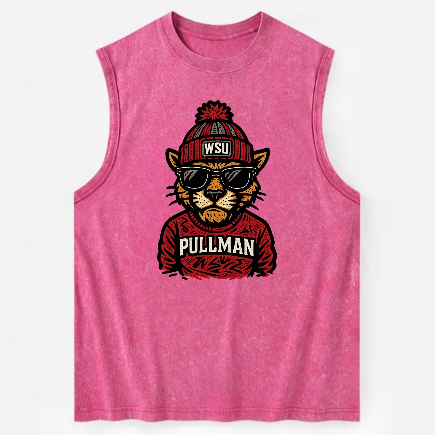 Pullman Cougar wearing Washington State beanie with WSU patch - Vintage Washed Tank - Pink