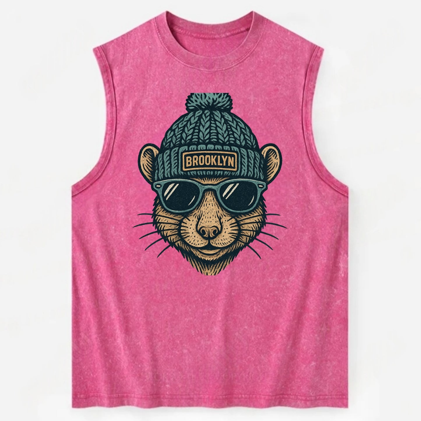 NYC Rat wearing Brooklyn beanie with pom pom and wayfarer sunglasses - Vintage Washed Tank - Pink