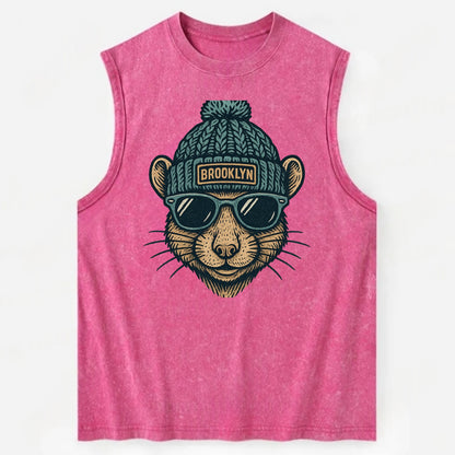NYC Rat wearing Brooklyn beanie with pom pom and wayfarer sunglasses - Vintage Washed Tank - Pink