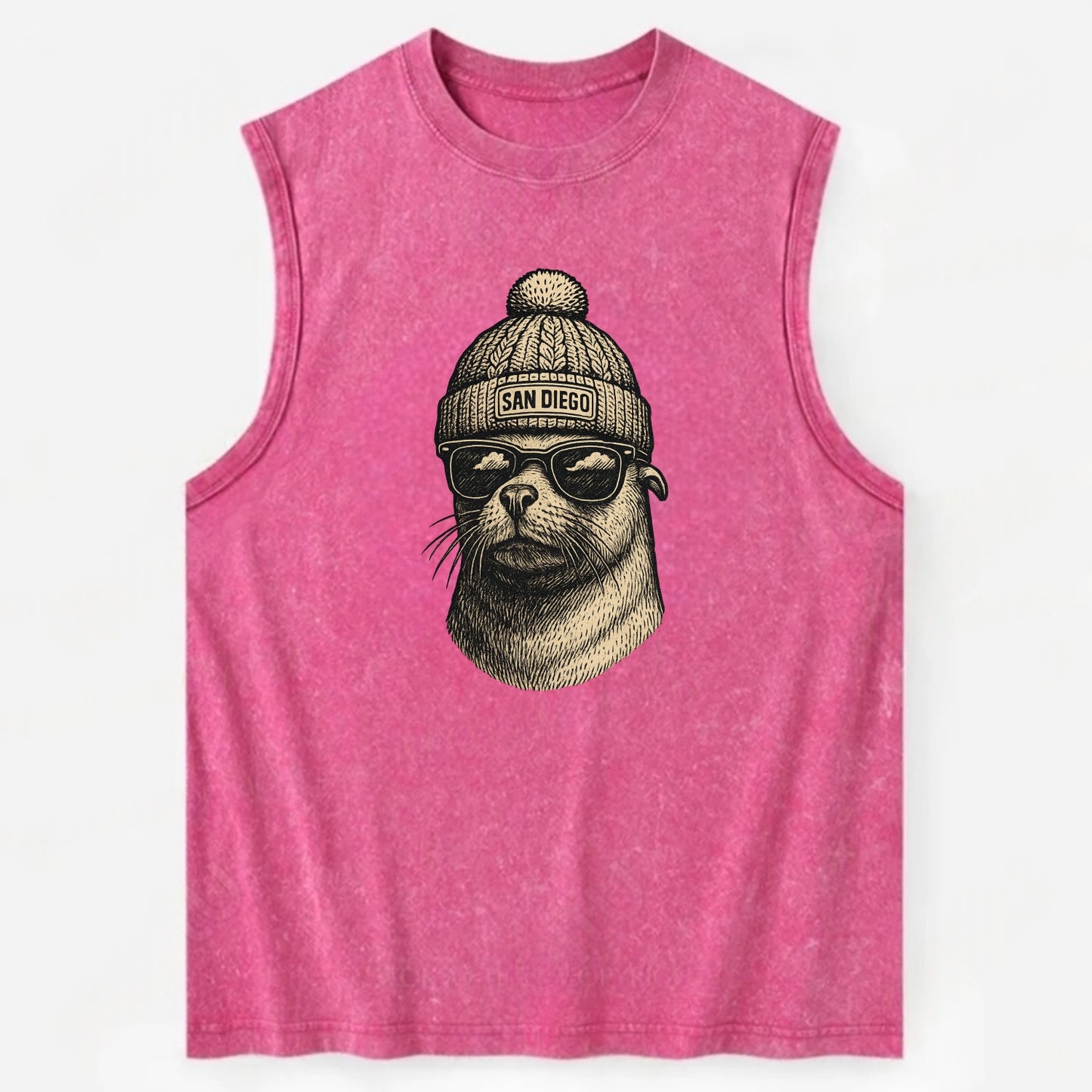 San Diego Sea Lion wearing San Diego beanie with pom pom and wayfarer - Vintage Washed Tank - Pink