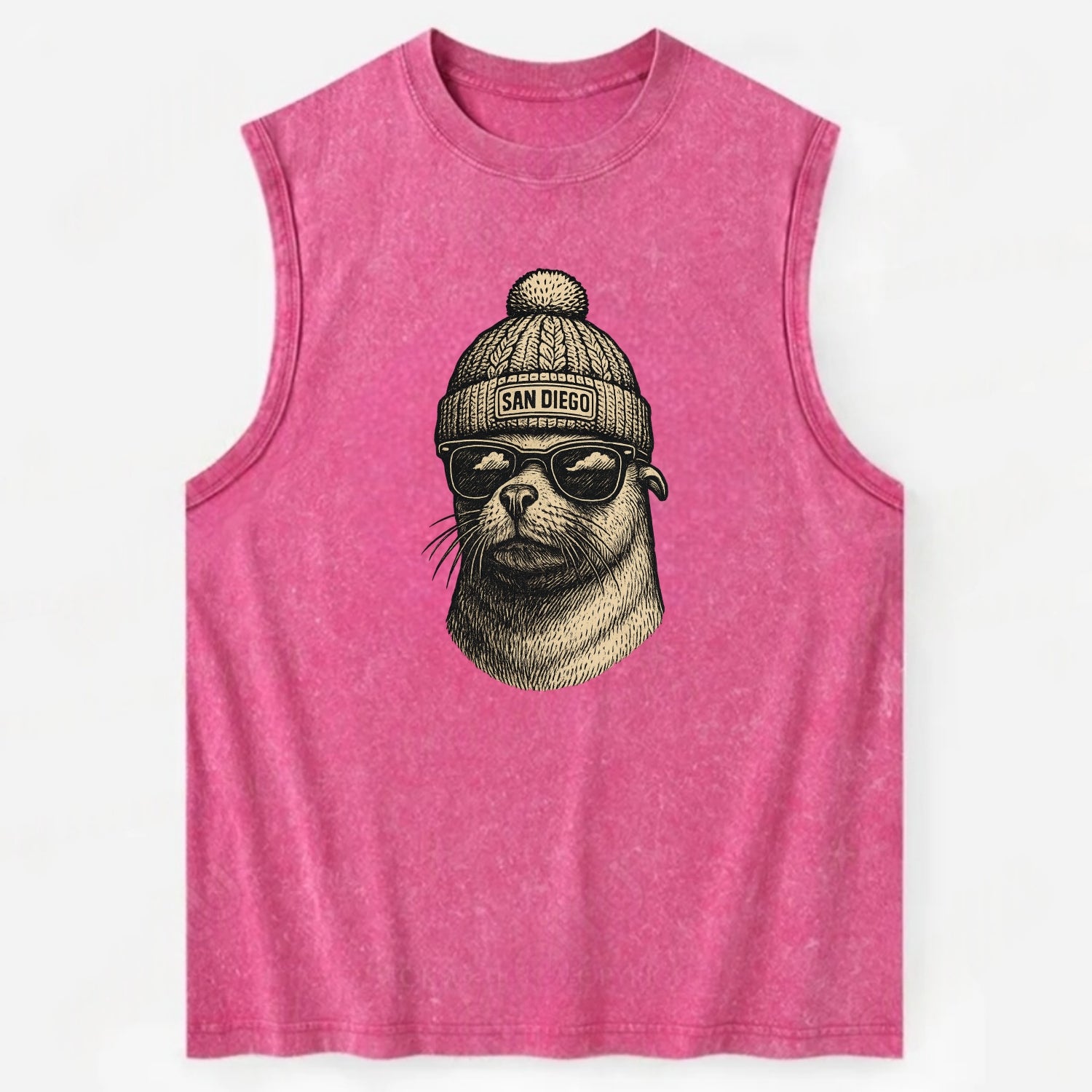 San Diego Sea Lion wearing San Diego beanie with pom pom and wayfarer - Vintage Washed Tank - Pink