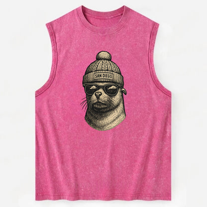 San Diego Sea Lion wearing San Diego beanie with pom pom and wayfarer - Vintage Washed Tank - Pink
