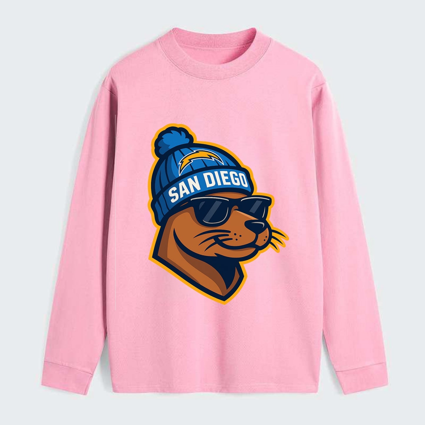 San Diego Sea Lion wearing Chargers beanie with bolt patch and wayfarer - Classic Long Sleeve Shirt - Pink