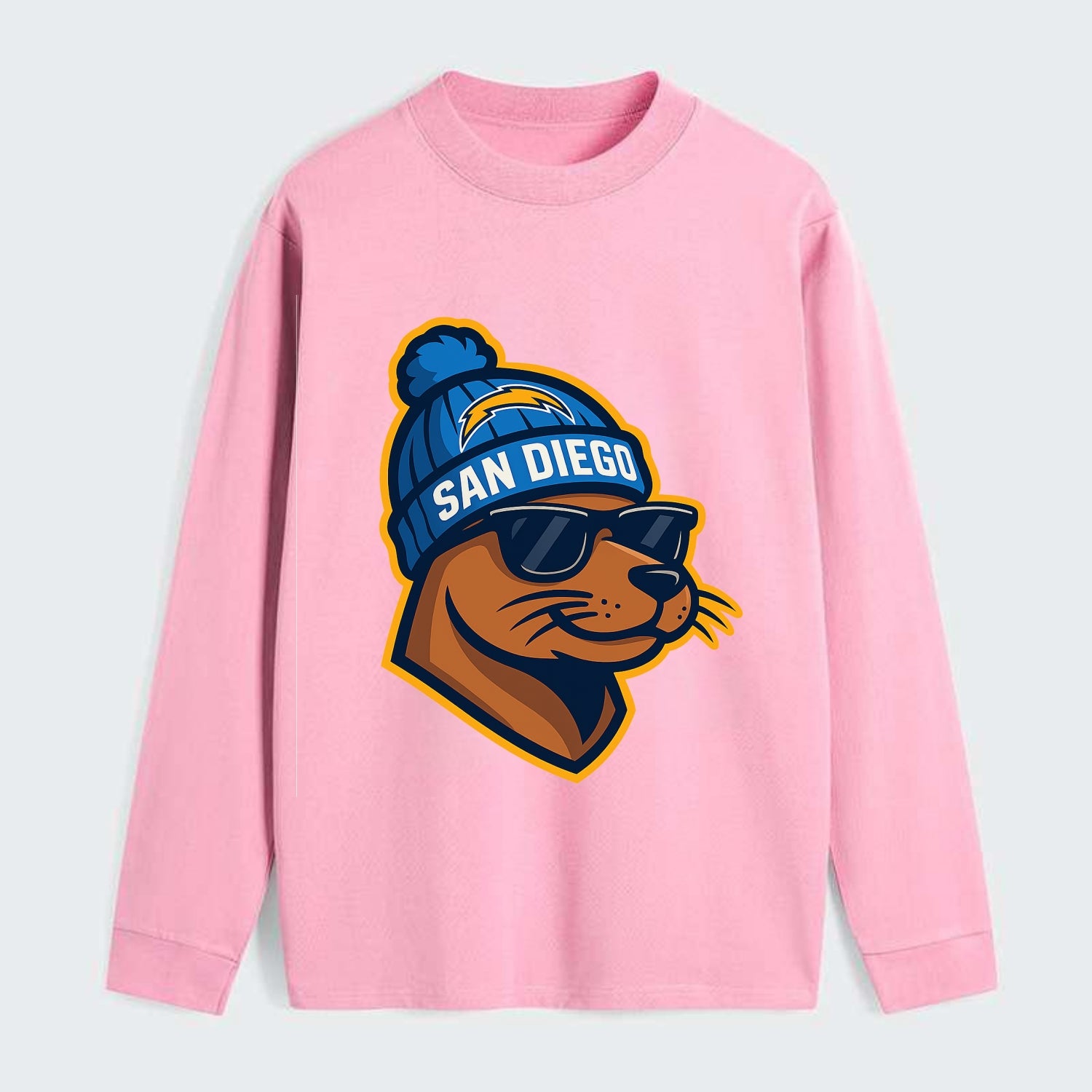 San Diego Sea Lion wearing Chargers beanie with bolt patch and wayfarer - Classic Long Sleeve Shirt - Pink