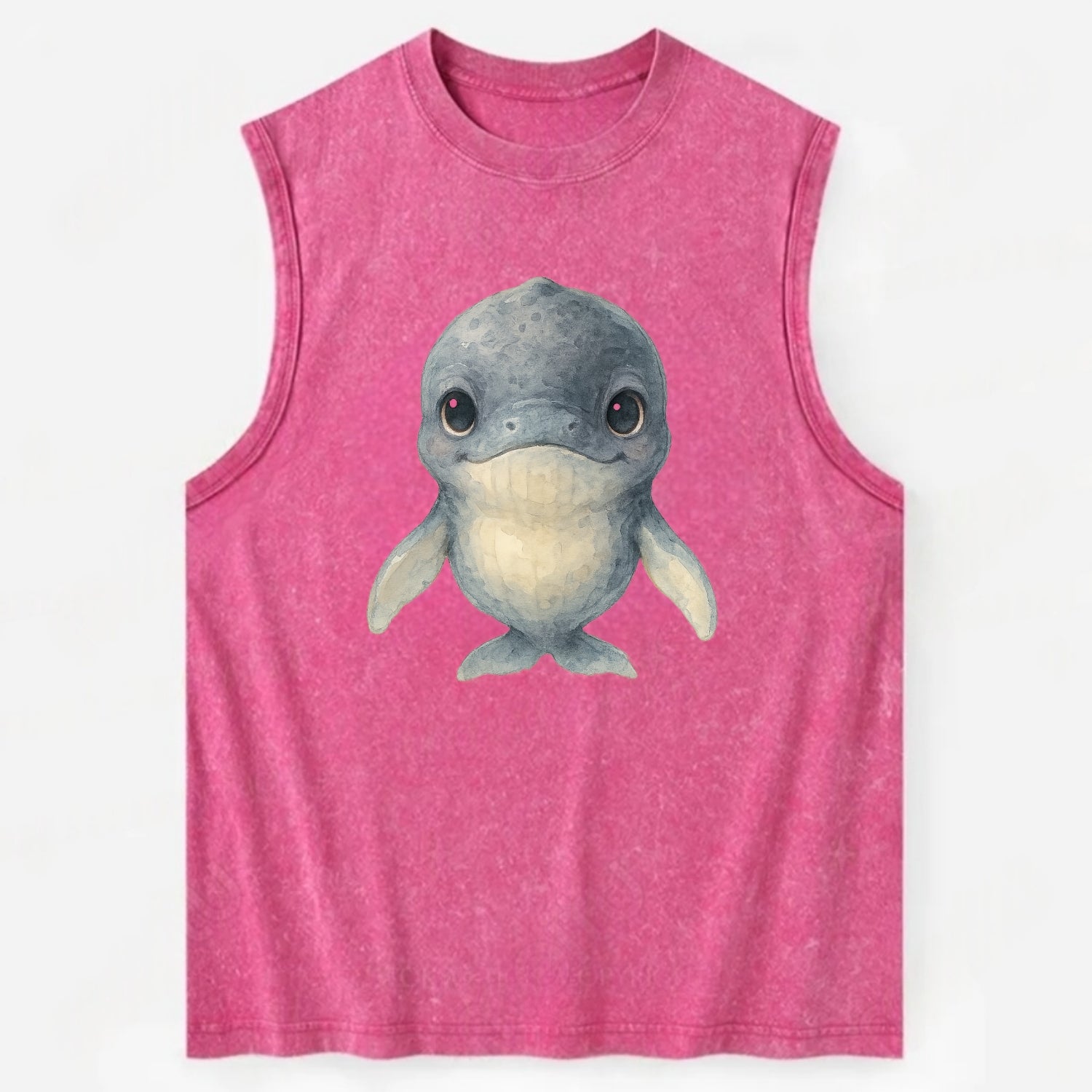 Baby Humpback Whale - dark gray with white flippers, large gentle eyes, - Vintage Washed Tank - Pink