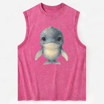 Baby Humpback Whale - dark gray with white flippers, large gentle eyes, - Vintage Washed Tank - Pink