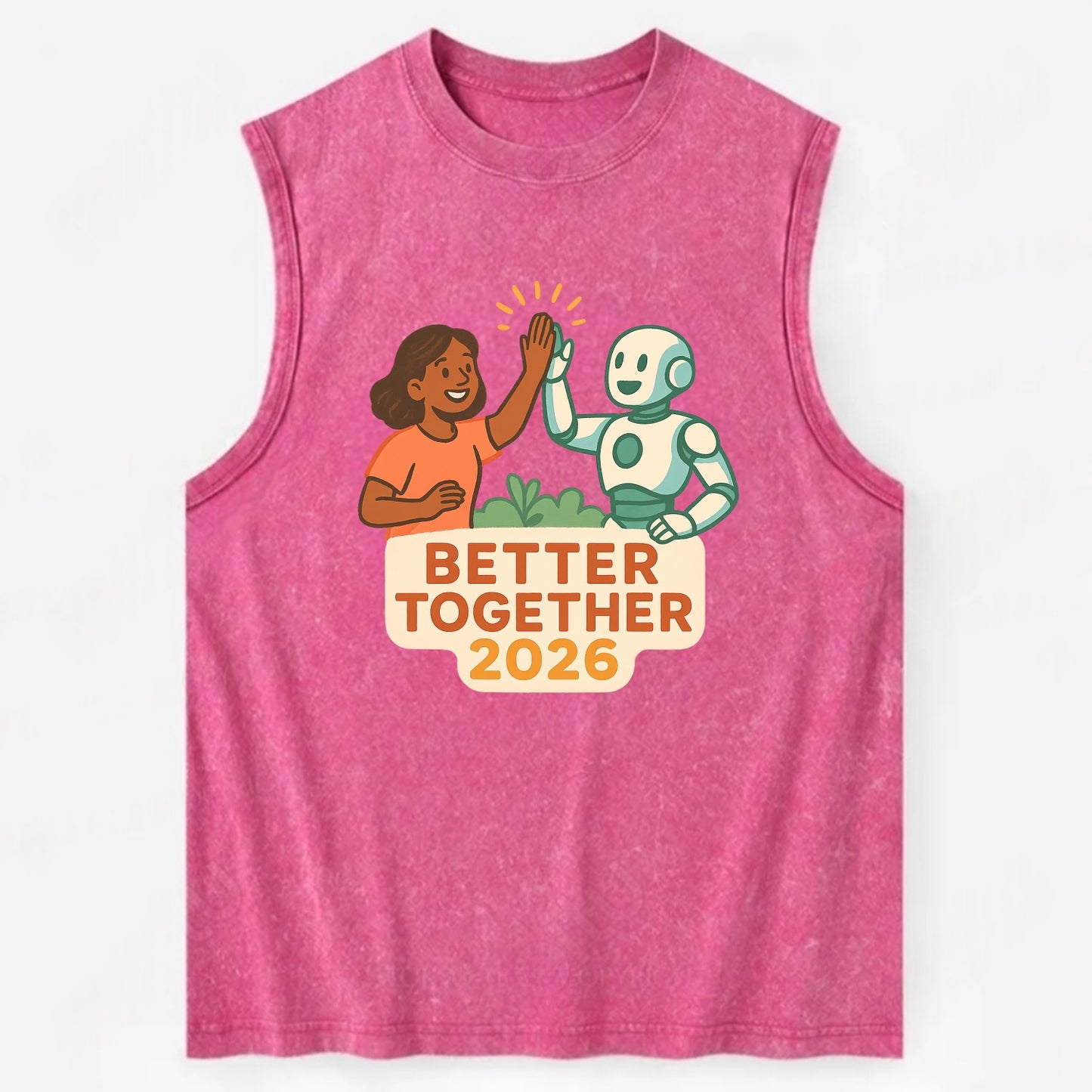 Human and AI robot high-fiving as collaborative partners - "Better Together - Vintage Washed Tank - Pink