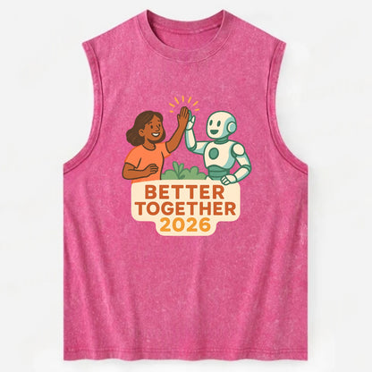 Human and AI robot high-fiving as collaborative partners - "Better Together - Vintage Washed Tank - Pink
