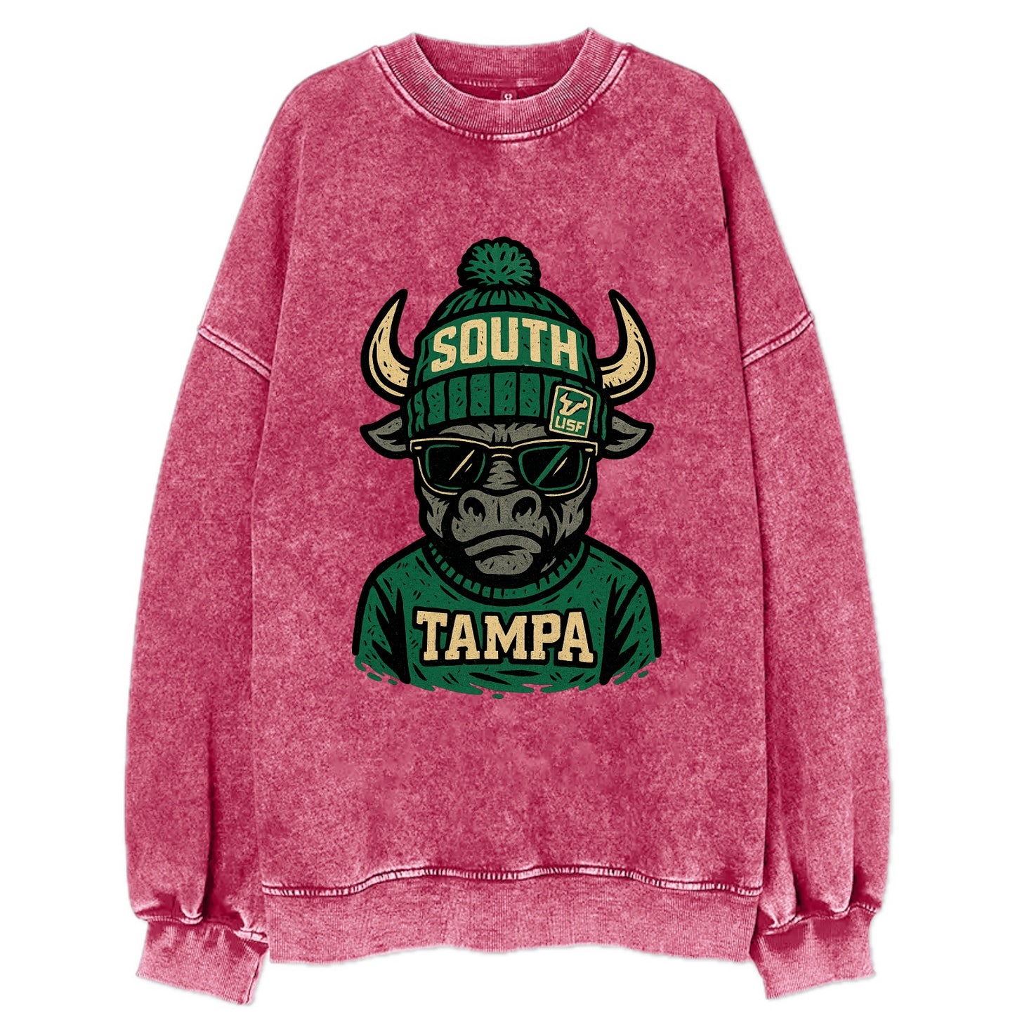 Tampa Bull wearing South Florida beanie with USF patch - Vintage Sweatshirt - Pink