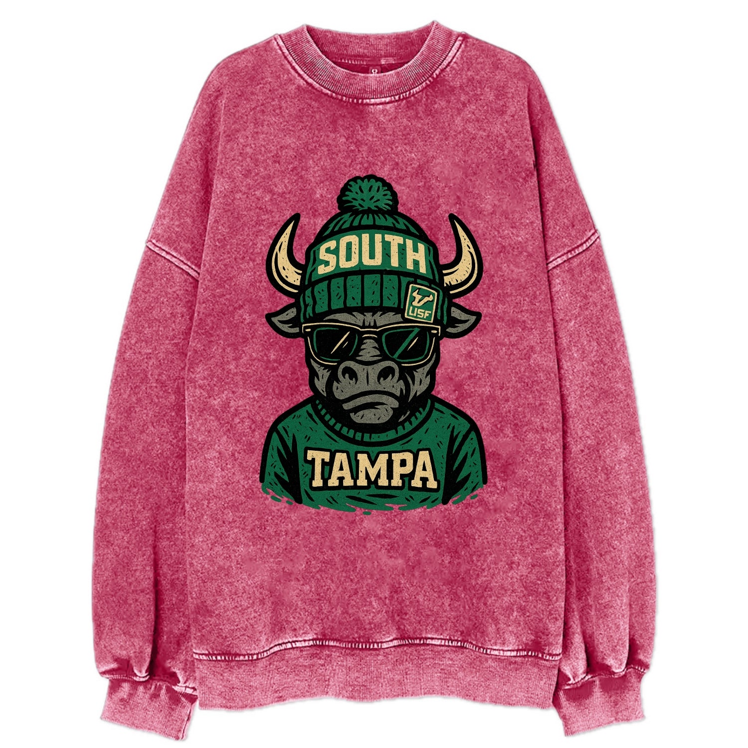 Tampa Bull wearing South Florida beanie with USF patch - Vintage Sweatshirt - Pink