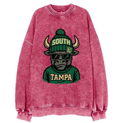 Tampa Bull wearing South Florida beanie with USF patch - Vintage Sweatshirt - Pink