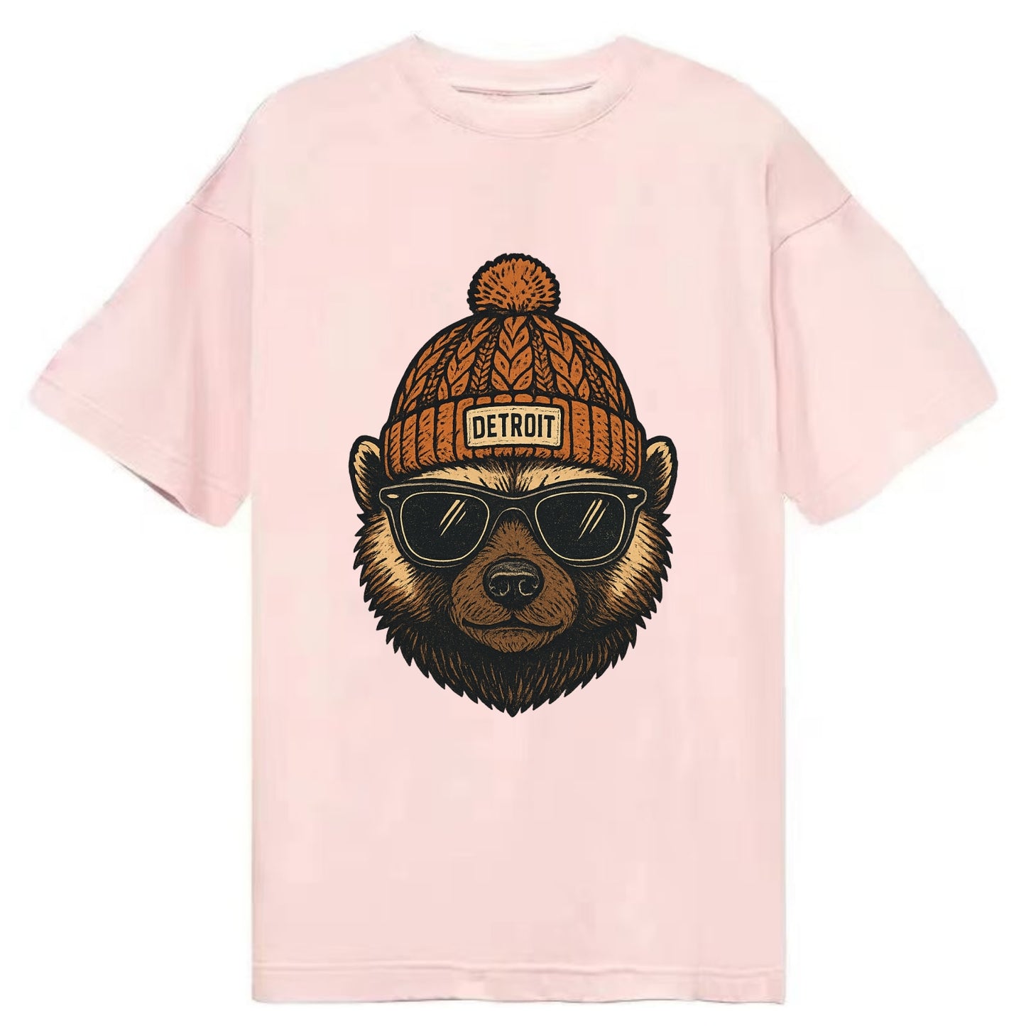 Detroit Wolverine wearing Detroit beanie with pom pom and wayfarer sunglasses - Classic T-shirt - Pink
