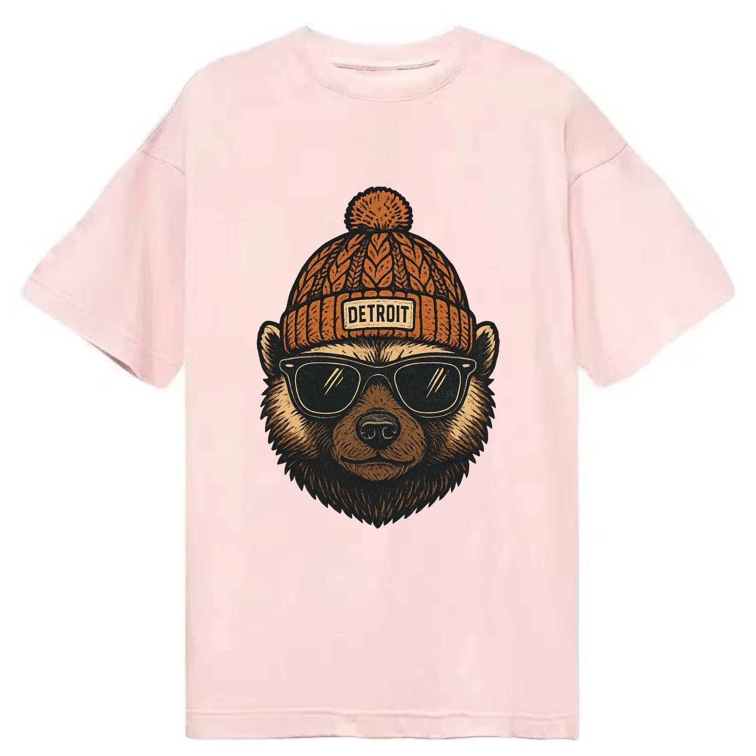 Detroit Wolverine wearing Detroit beanie with pom pom and wayfarer sunglasses - Classic T-shirt - Pink
