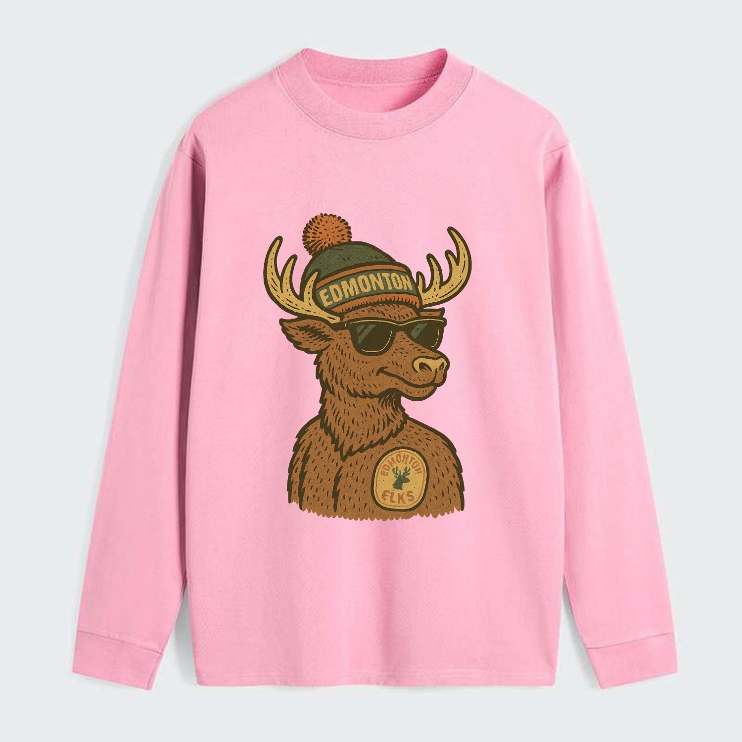 Edmonton Elk wearing Edmonton beanie with pom pom and wayfarer - Classic Long Sleeve Shirt - Pink