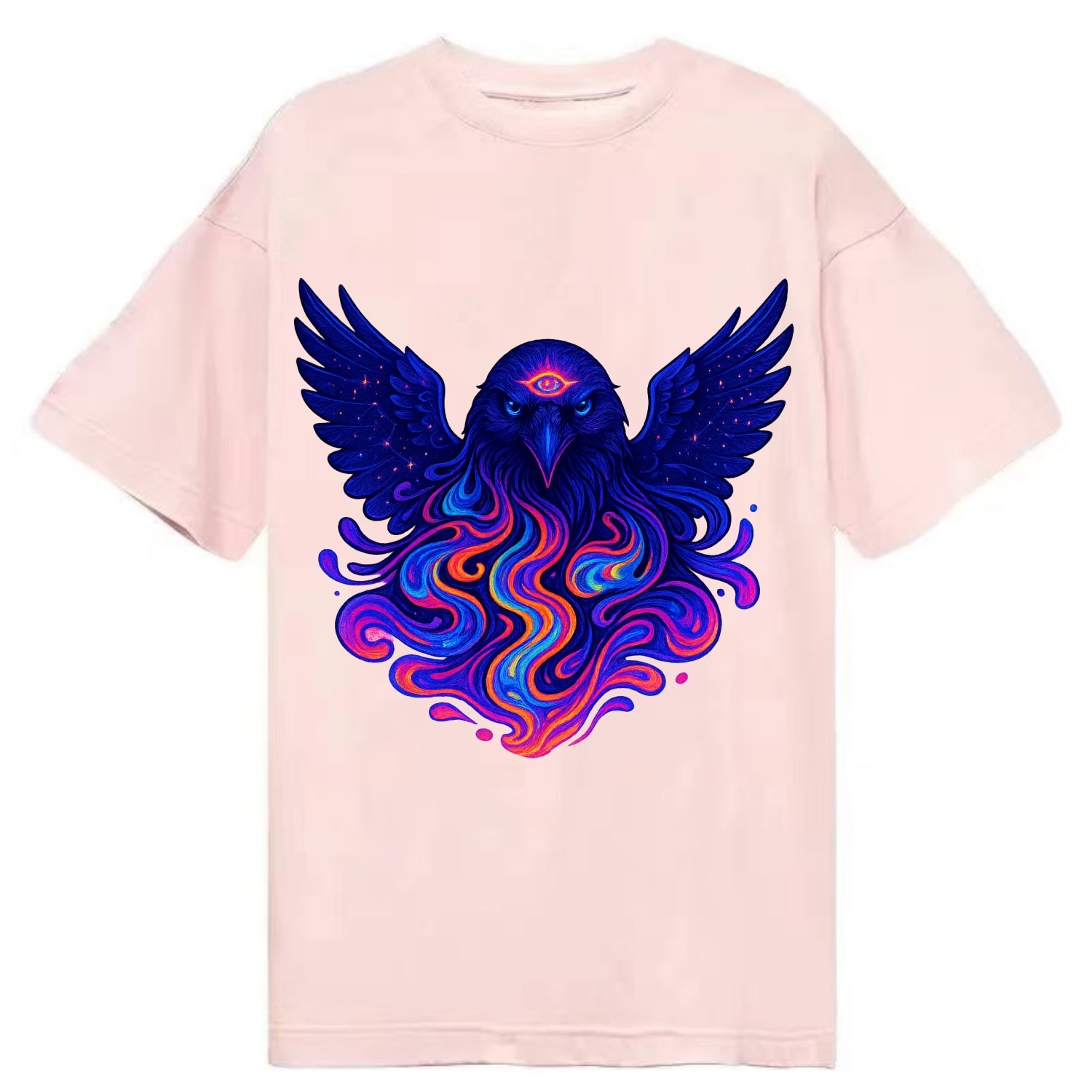 Mysterious raven with feathers showing future visions in neon colors, wings - Classic T-shirt - Pink