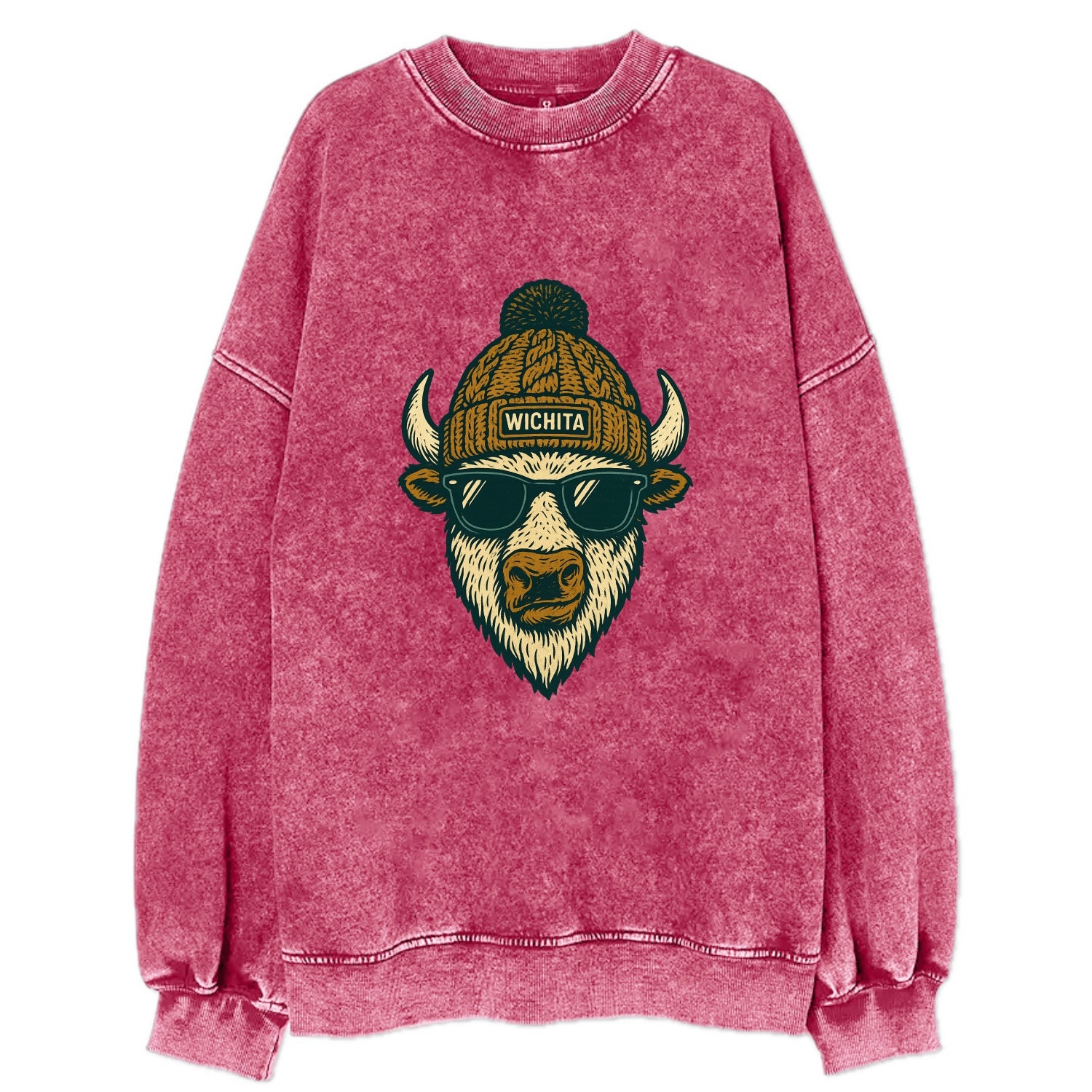 Kansas American Bison wearing Wichita beanie with pom pom and wayfarer - Vintage Sweatshirt - Pink