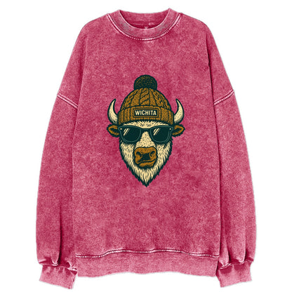 Kansas American Bison wearing Wichita beanie with pom pom and wayfarer - Vintage Sweatshirt - Pink