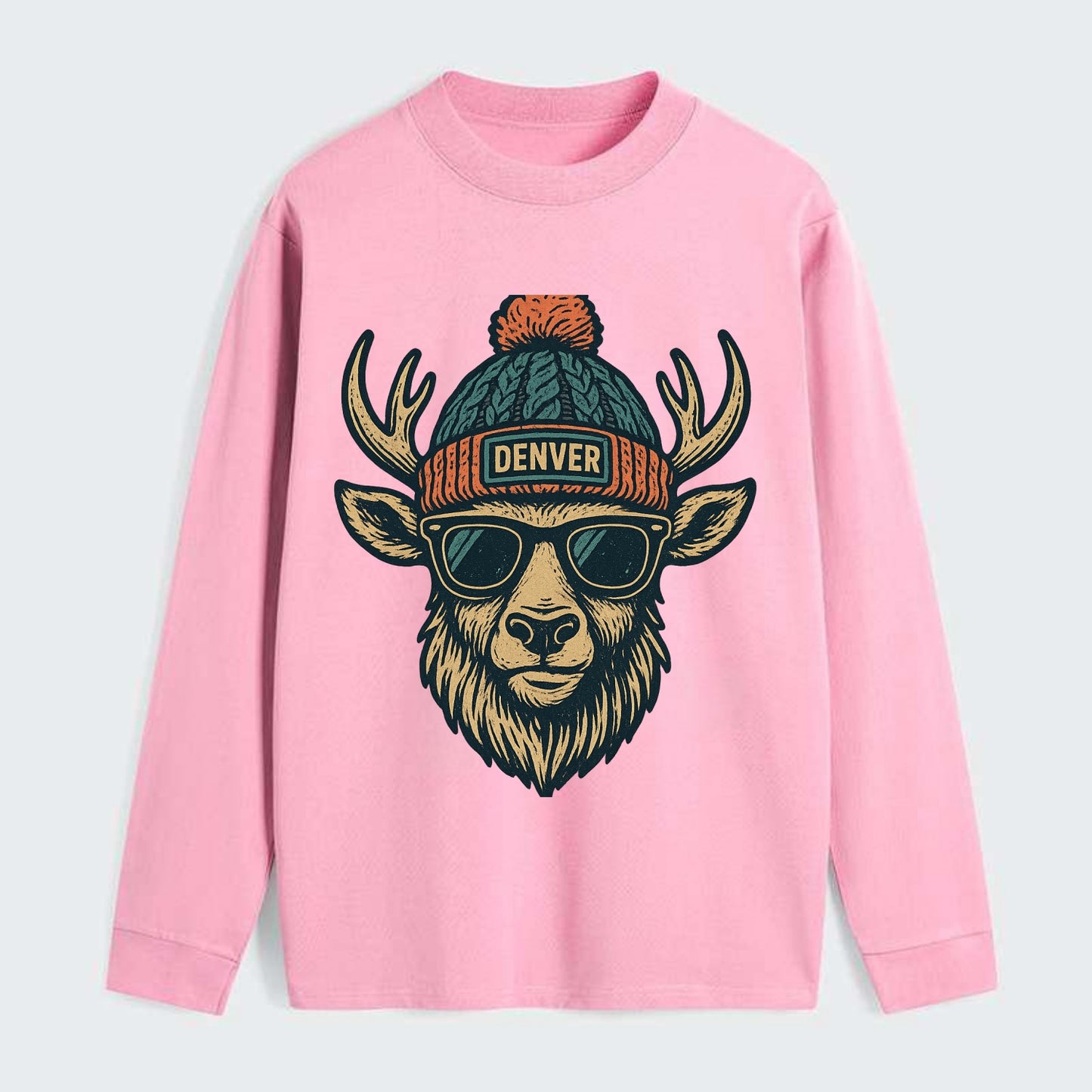 Denver Elk wearing Denver beanie with pom pom and wayfarer sunglasses - Classic Long Sleeve Shirt - Pink