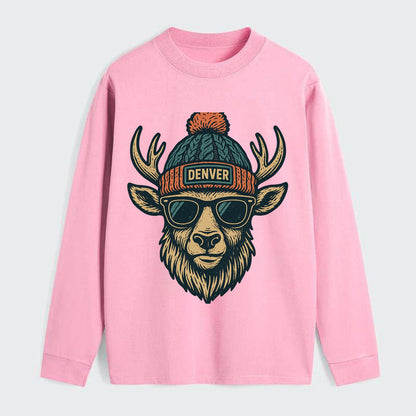 Denver Elk wearing Denver beanie with pom pom and wayfarer sunglasses - Classic Long Sleeve Shirt - Pink