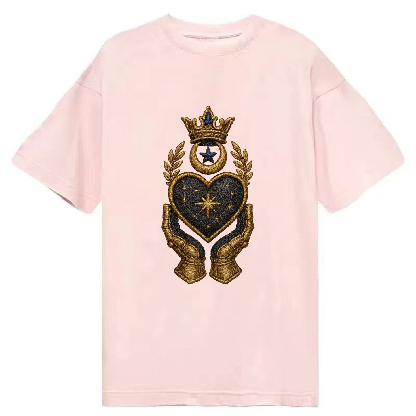 Crowned heart with Art Deco sunburst crown and geometric filigree hands cradling - Classic T-shirt - Pink