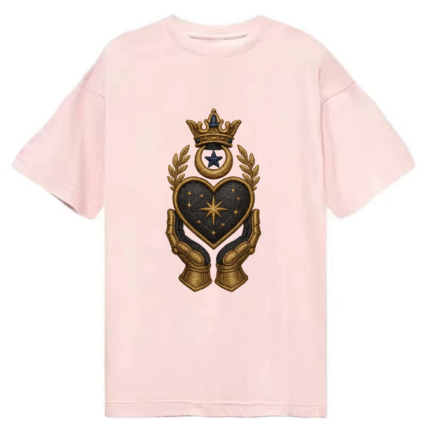 Crowned heart with Art Deco sunburst crown and geometric filigree hands cradling - Classic T-shirt - Pink