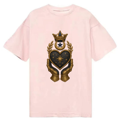 Crowned heart with Art Deco sunburst crown and geometric filigree hands cradling - Classic T-shirt - Pink