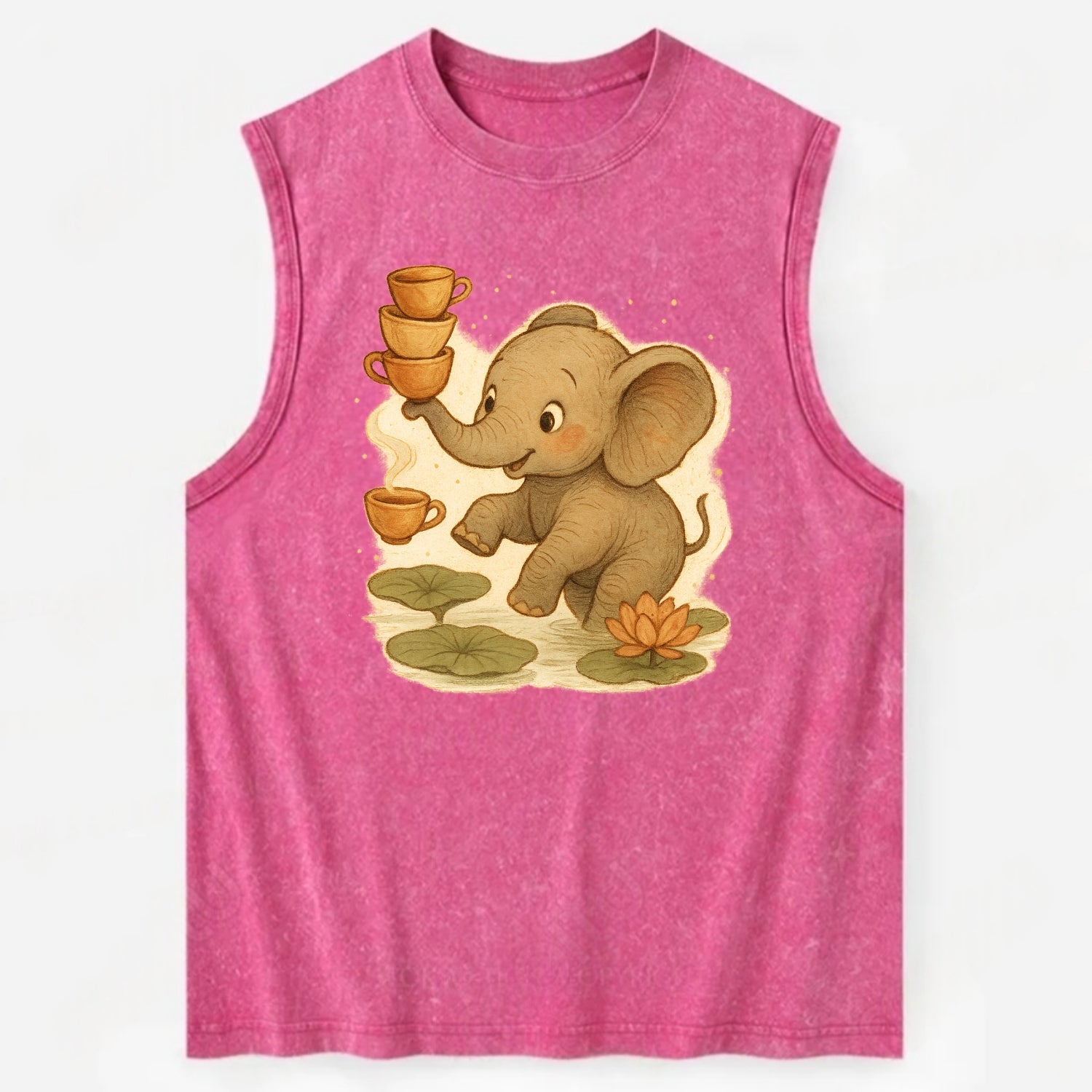 Elephant balancing teacups during a floating tea ceremony beside lotus ponds - Vintage Washed Tank - Pink