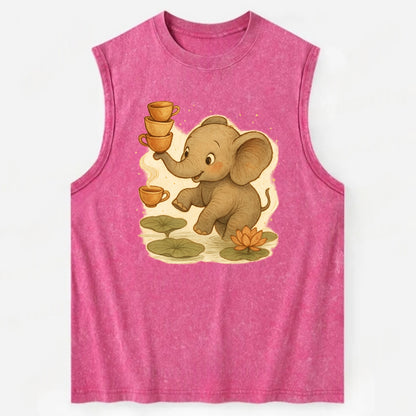 Elephant balancing teacups during a floating tea ceremony beside lotus ponds - Vintage Washed Tank - Pink