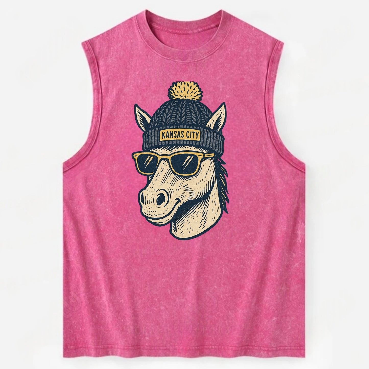 Missouri Mule wearing Kansas City beanie with pom pom and wayfarer sunglasses - Vintage Washed Tank - Pink