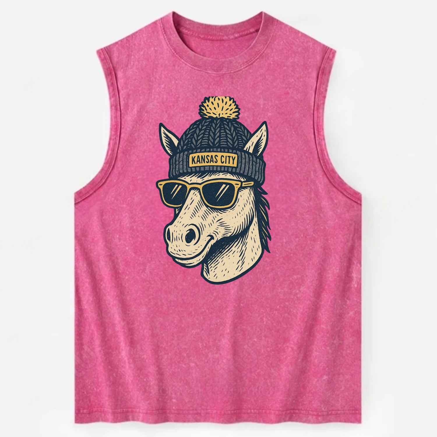 Missouri Mule wearing Kansas City beanie with pom pom and wayfarer sunglasses - Vintage Washed Tank - Pink