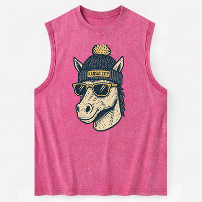 Missouri Mule wearing Kansas City beanie with pom pom and wayfarer sunglasses - Vintage Washed Tank - Pink