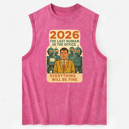 Single human worker surrounded by robot coworkers - "The last human in the - Vintage Washed Tank - Pink
