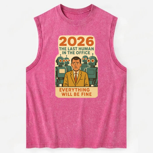 Single human worker surrounded by robot coworkers - "The last human in the - Vintage Washed Tank - Pink