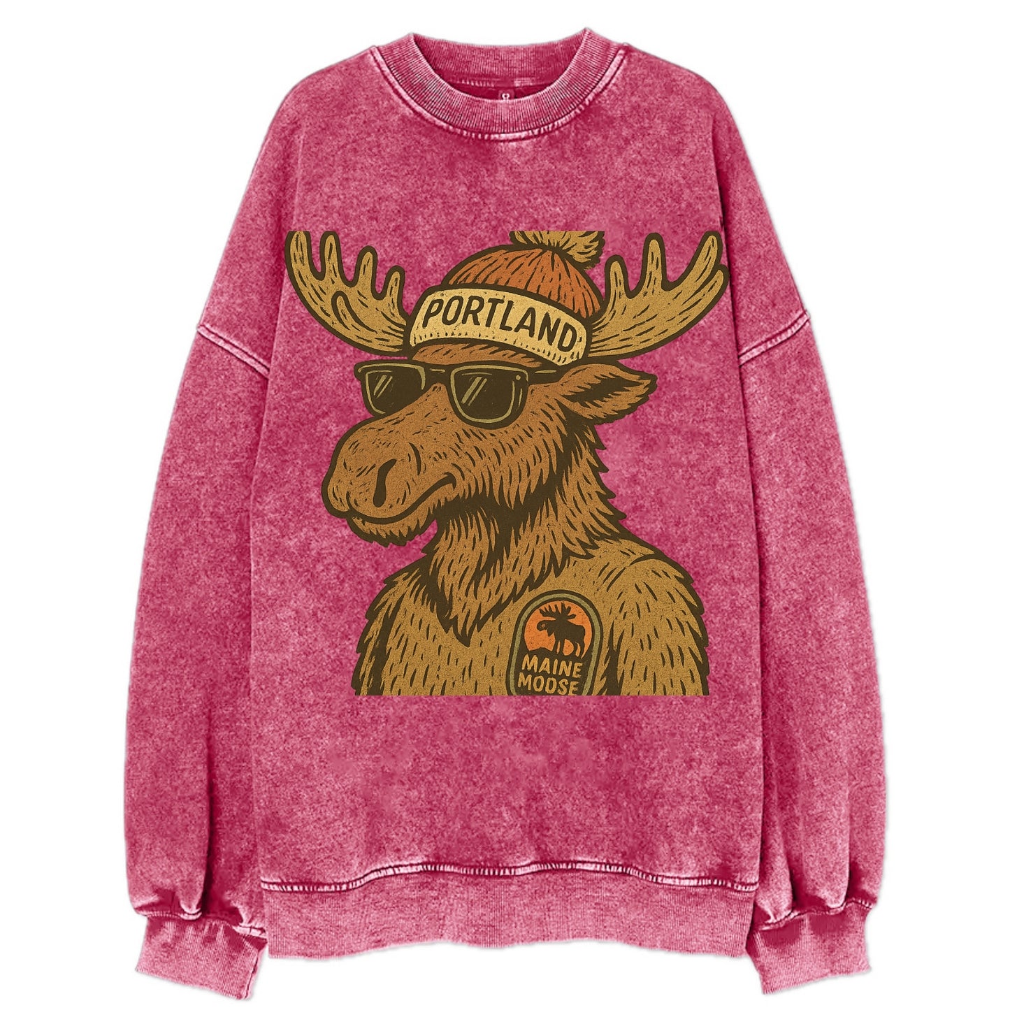 Maine Moose wearing Portland beanie with pom pom and wayfarer sunglasses - Vintage Sweatshirt - Pink