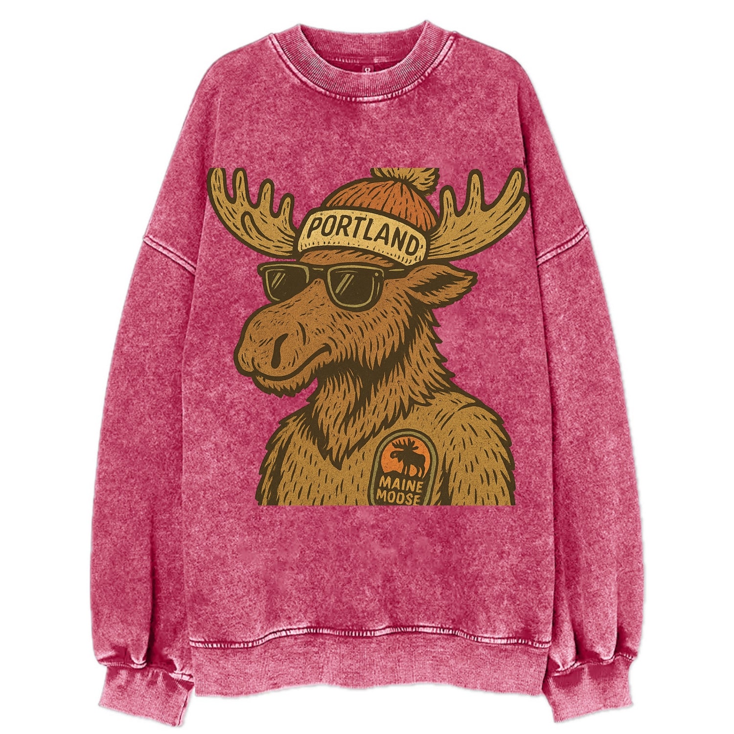 Maine Moose wearing Portland beanie with pom pom and wayfarer sunglasses - Vintage Sweatshirt - Pink