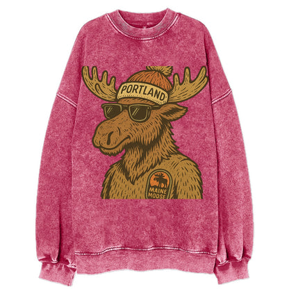 Maine Moose wearing Portland beanie with pom pom and wayfarer sunglasses - Vintage Sweatshirt - Pink