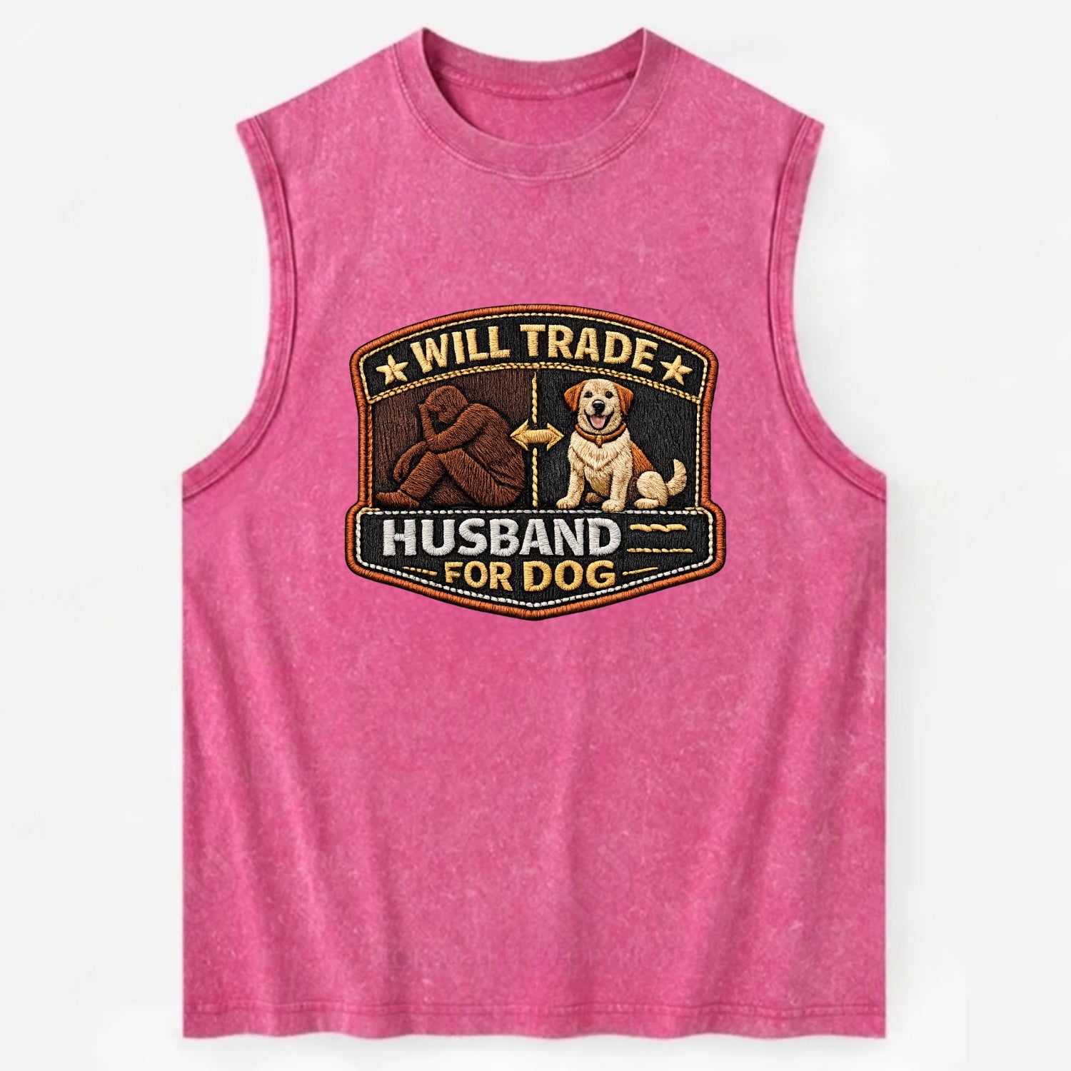 WILL TRADE HUSBAND FOR DOG - dog and man silhouette in brown , pet priority - Vintage Washed Tank - Pink