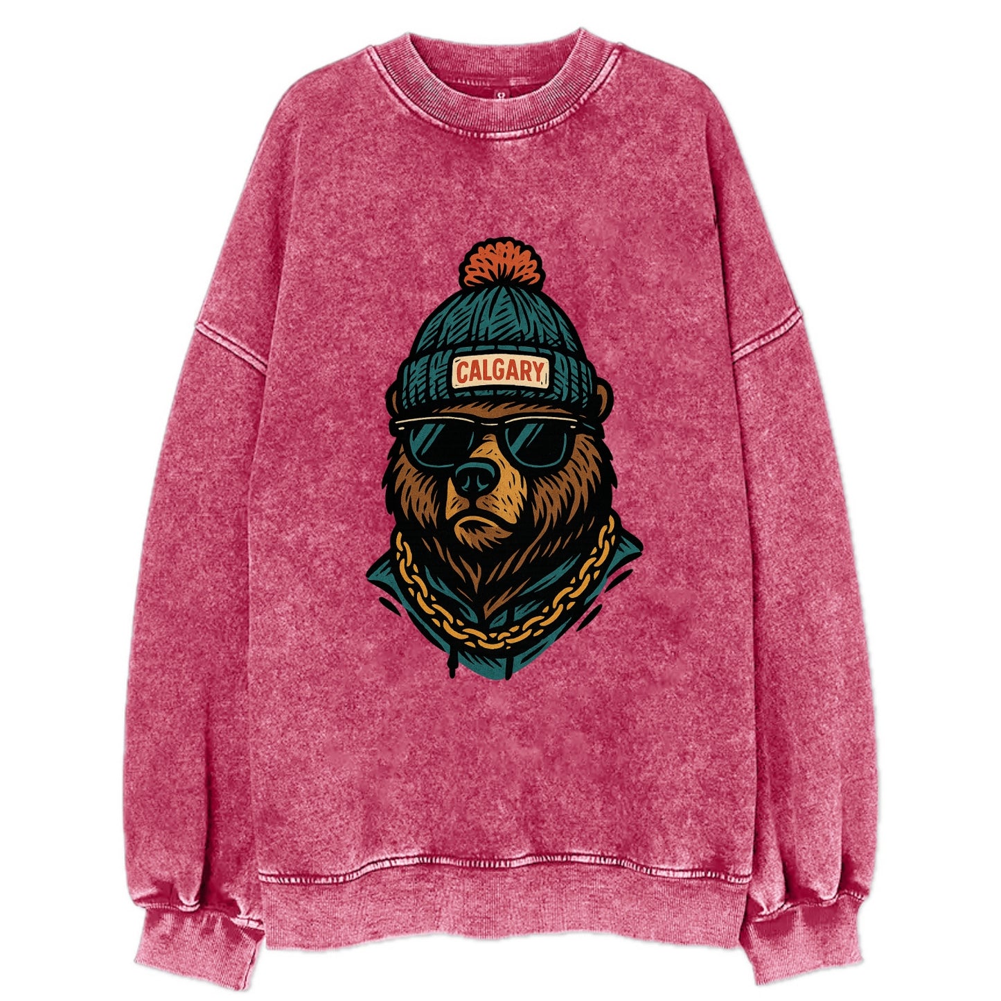 Calgary Grizzly Bear wearing Calgary beanie with pom pom and wayfarer - Vintage Sweatshirt - Pink