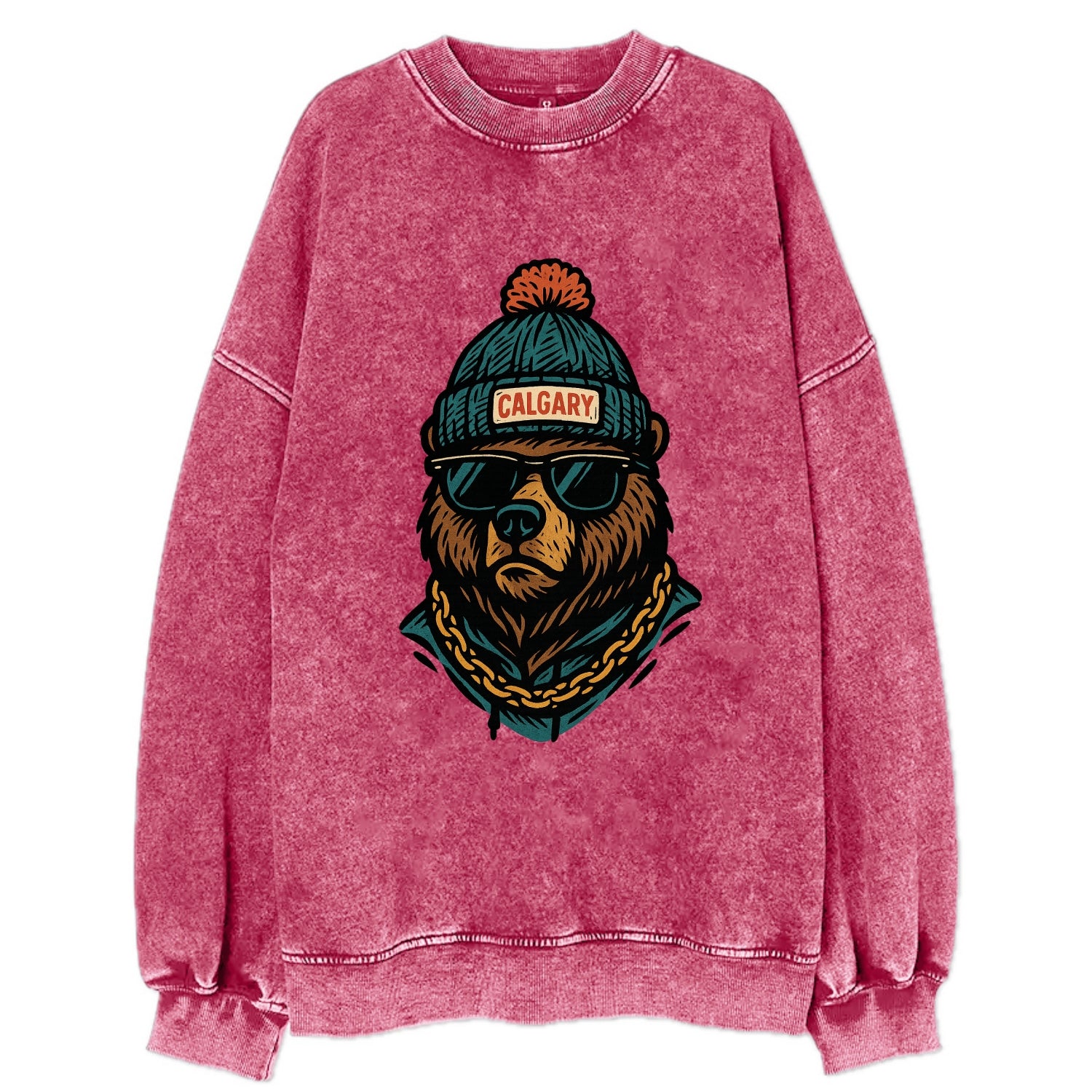 Calgary Grizzly Bear wearing Calgary beanie with pom pom and wayfarer - Vintage Sweatshirt - Pink