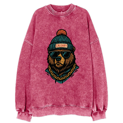 Calgary Grizzly Bear wearing Calgary beanie with pom pom and wayfarer - Vintage Sweatshirt - Pink