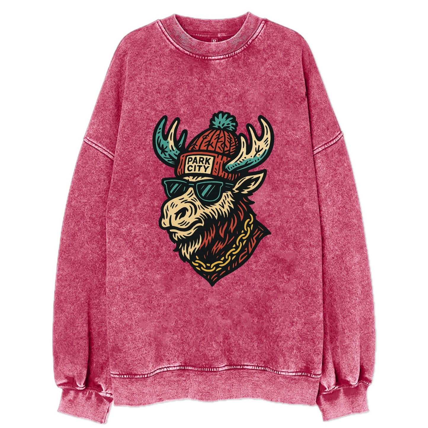Park City Moose wearing Park City beanie with pom pom and wayfarer sunglasses - Vintage Sweatshirt - Pink