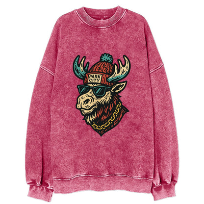 Park City Moose wearing Park City beanie with pom pom and wayfarer sunglasses - Vintage Sweatshirt - Pink