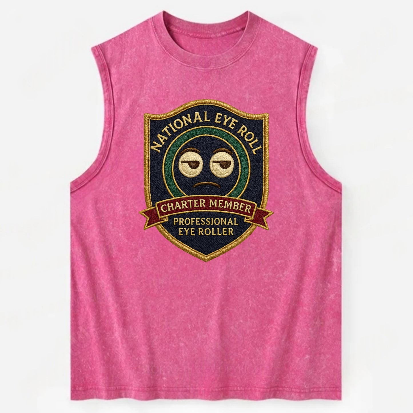 Crest with eye roll icon - "National Eye Roll Association - Charter Member" - - Vintage Washed Tank - Pink